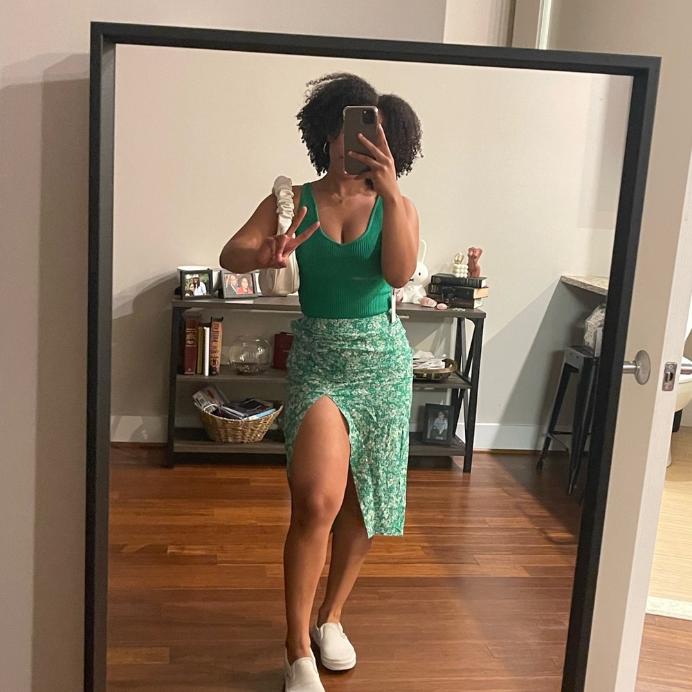 Green floral midi skirt with slit